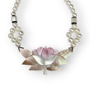Lee Sands Lotus Necklace Mosaic Abalone Mother Of Pearl Faux Pearl Vtg Hawaii
